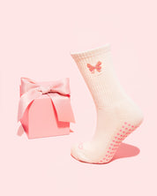Pink Bow Beige Grip Socks